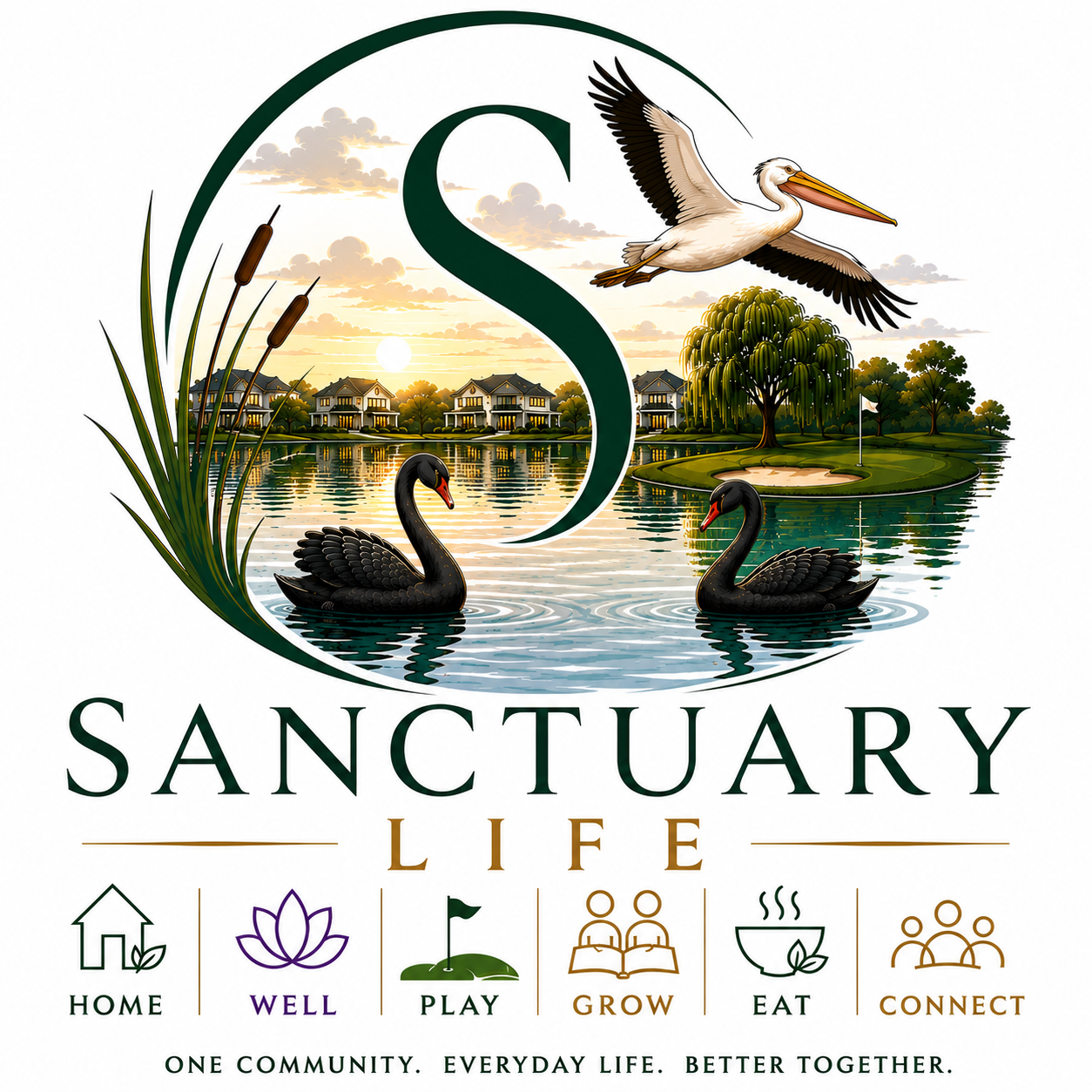 Sanctuary Life logo: black swans on the lake at sunset